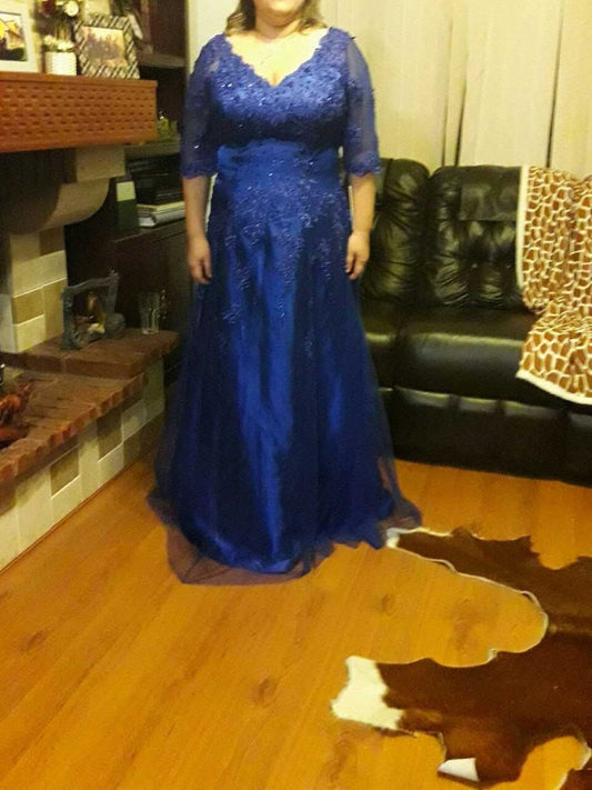 A-Line V-neck 1/2 Sleeves With Applique Floor-Length Tulle Mother of the Bride Dress