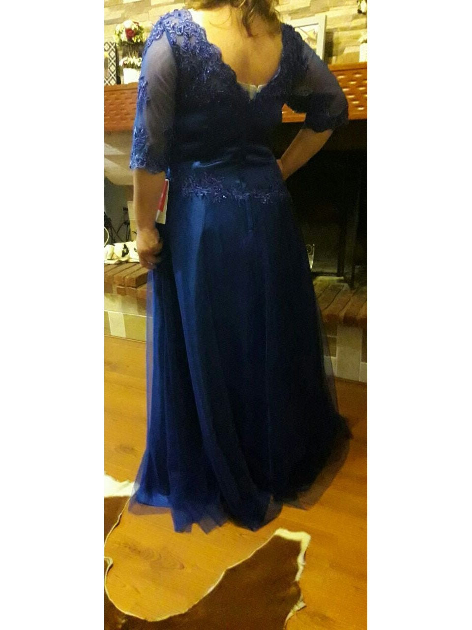 A-Line V-neck 1/2 Sleeves With Applique Floor-Length Tulle Mother of the Bride Dress