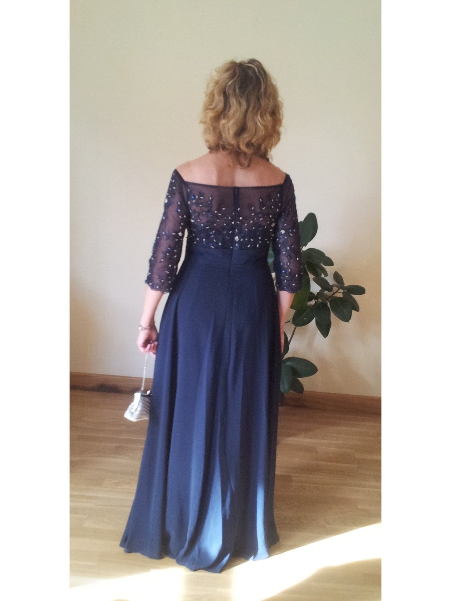 A-Line Bateau 1/2 Sleeves With Beading Floor-Length Chiffon Mother of the Bride Dress