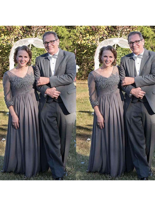 A-Line V-neck 3/4 Sleeves With Applique Floor-Length Chiffon Mother of the Bride Dress