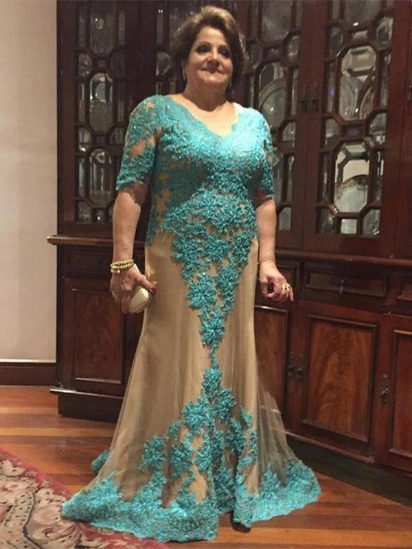 Sheath V-neck 1/2 Sleeves With Applique Floor-Length Tulle Mother of the Bride Dress