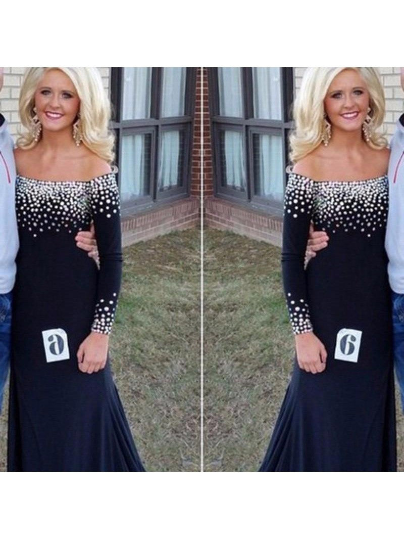 Sheath Off-the-Shoulder Long Sleeves With Beading Floor-Length Jersey Mother of the Bride Dress