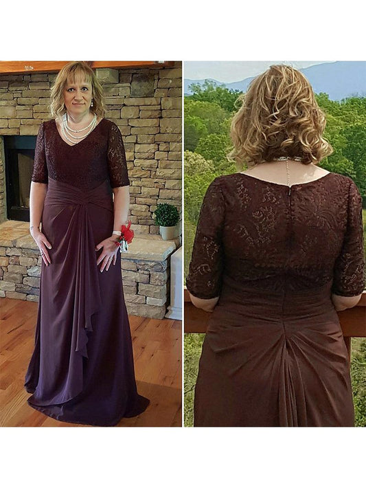 A-Line V-neck 1/2 Sleeves With Lace Sweep/Brush Train Chiffon Mother of the Bride Dress