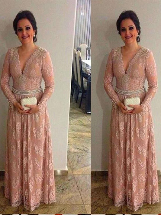 A-Line V-neck Long Sleeves With Beading Floor-Length Lace Mother of the Bride Dress