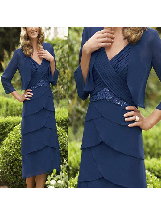 A-Line V-neck Sleeveless With Ruched Knee-Length Chiffon Mother of the Bride Dress