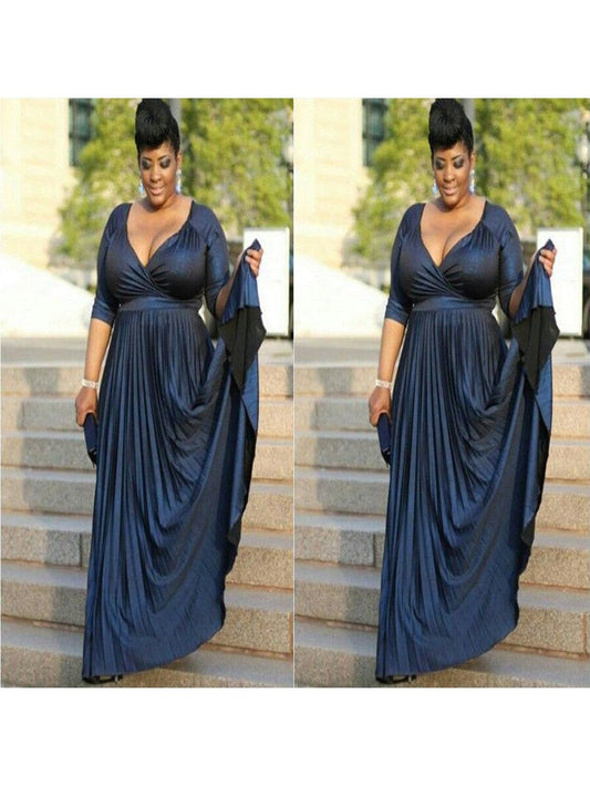 A-Line V-neck 1/2 Sleeves With Ruched Floor-Length Elastic Woven Satin Mother of the Bride Dress