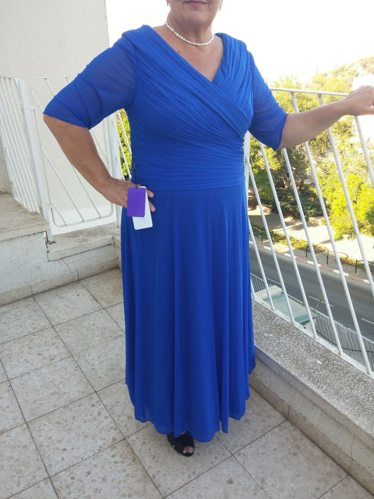 A-Line V-neck 1/2 Sleeves With Ruched Ankle-Length Chiffon Mother of the Bride Dress