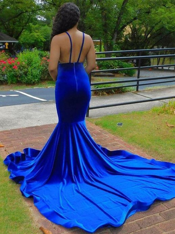 Trumpet/Mermaid Elastic Woven Satin Applique V-neck Sleeveless Court Train Prom Dress