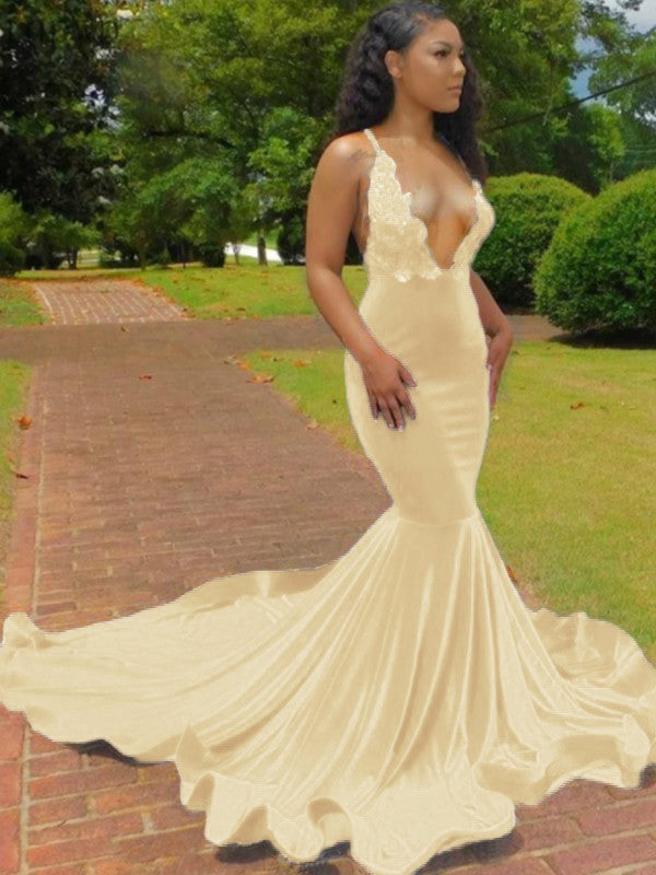 Trumpet/Mermaid Elastic Woven Satin Applique V-neck Sleeveless Court Train Prom Dress