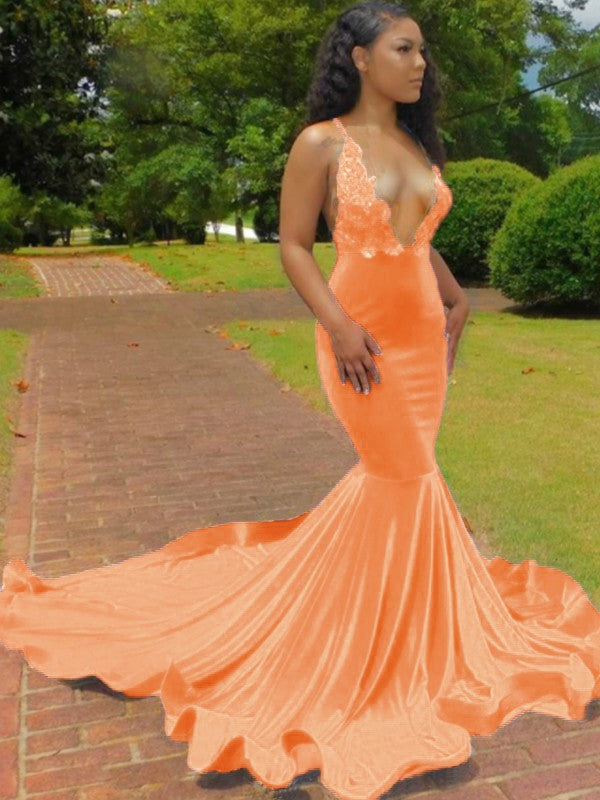Trumpet/Mermaid Elastic Woven Satin Applique V-neck Sleeveless Court Train Prom Dress