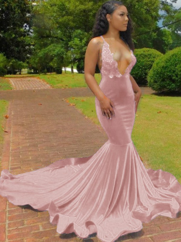 Trumpet/Mermaid Elastic Woven Satin Applique V-neck Sleeveless Court Train Prom Dress