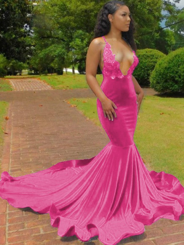 Trumpet/Mermaid Elastic Woven Satin Applique V-neck Sleeveless Court Train Prom Dress