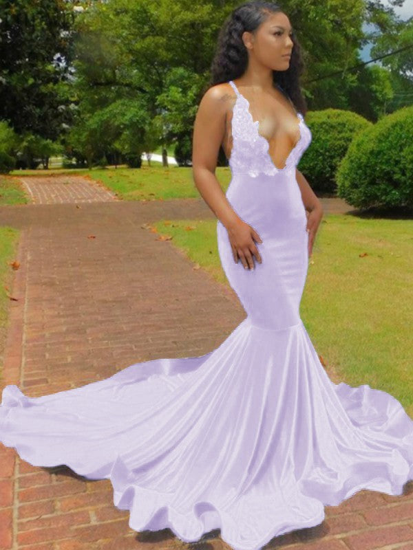 Trumpet/Mermaid Elastic Woven Satin Applique V-neck Sleeveless Court Train Prom Dress