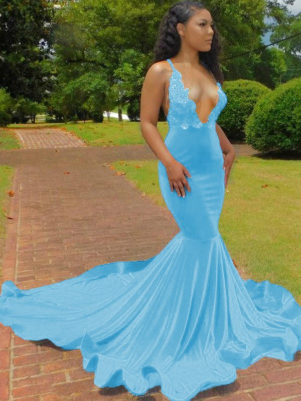 Trumpet/Mermaid Elastic Woven Satin Applique V-neck Sleeveless Court Train Prom Dress