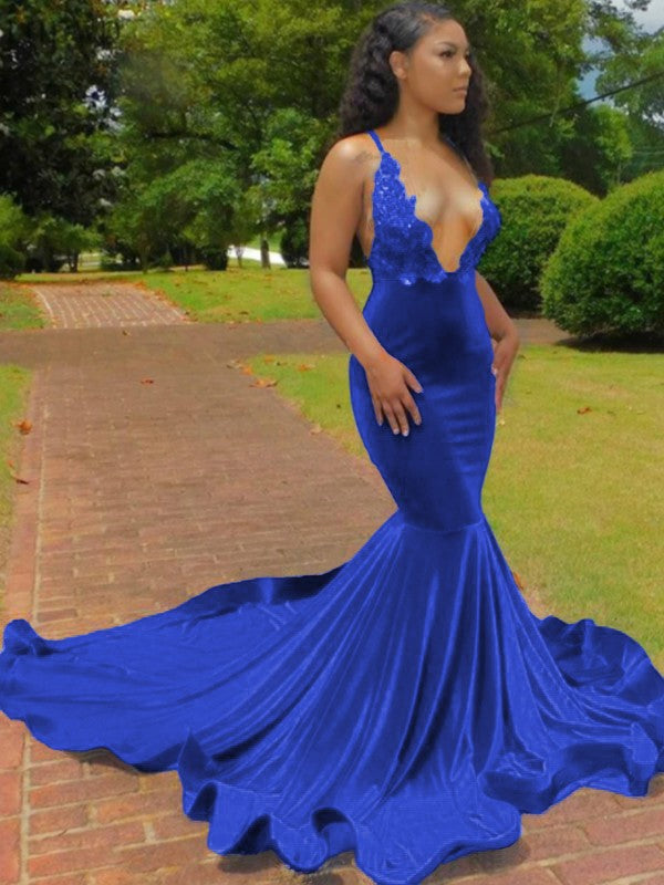 Trumpet/Mermaid Elastic Woven Satin Applique V-neck Sleeveless Court Train Prom Dress