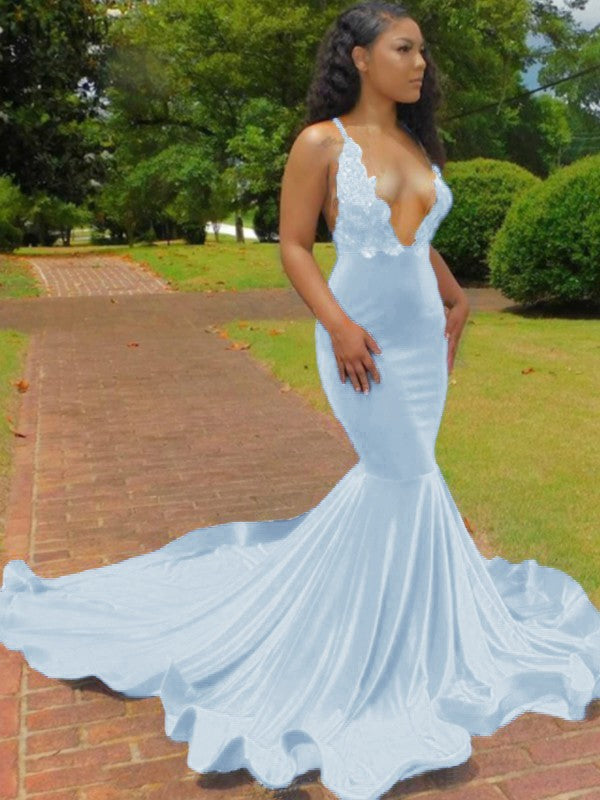 Trumpet/Mermaid Elastic Woven Satin Applique V-neck Sleeveless Court Train Prom Dress