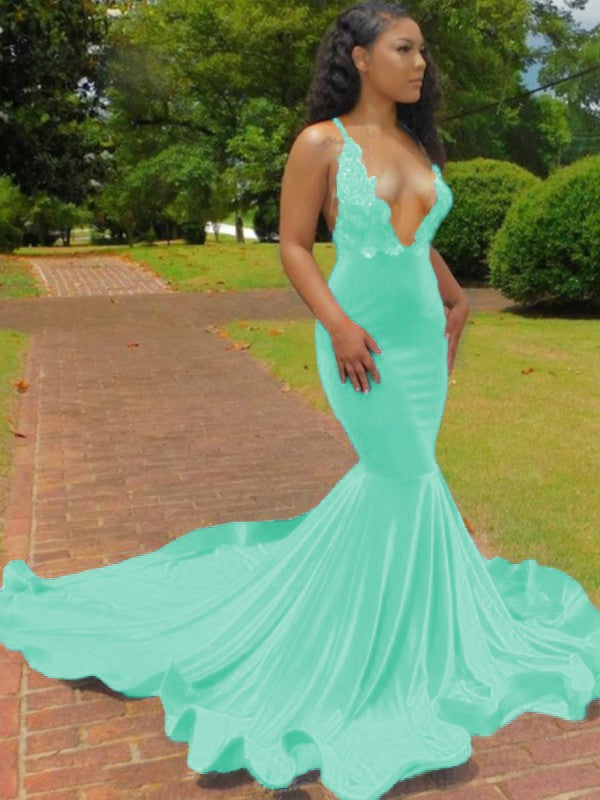 Trumpet/Mermaid Elastic Woven Satin Applique V-neck Sleeveless Court Train Prom Dress