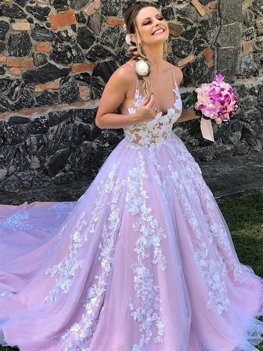 Ball Gown Lace Applique V-neck Sleeveless Sweep/Brush Train Prom Dress