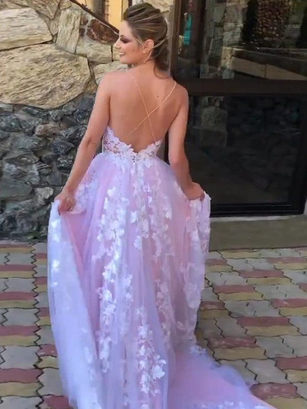 Ball Gown Lace Applique V-neck Sleeveless Sweep/Brush Train Prom Dress