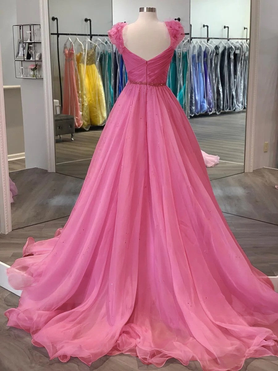 A-Line/Princess Organza Ruffles V-neck Sleeveless Sweep/Brush Train Prom Dress