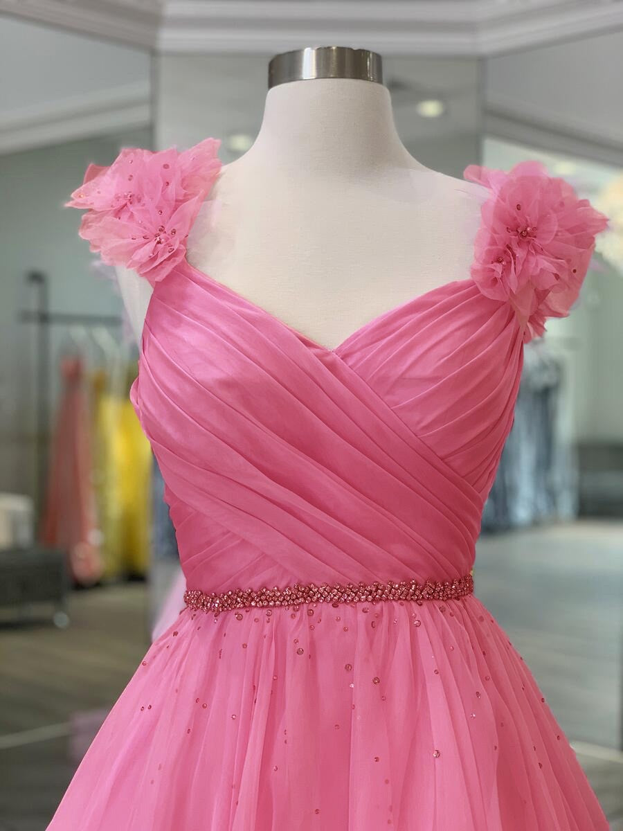 A-Line/Princess Organza Ruffles V-neck Sleeveless Sweep/Brush Train Prom Dress