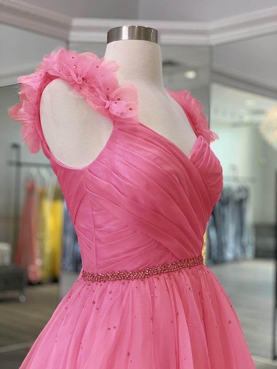A-Line/Princess Organza Ruffles V-neck Sleeveless Sweep/Brush Train Prom Dress