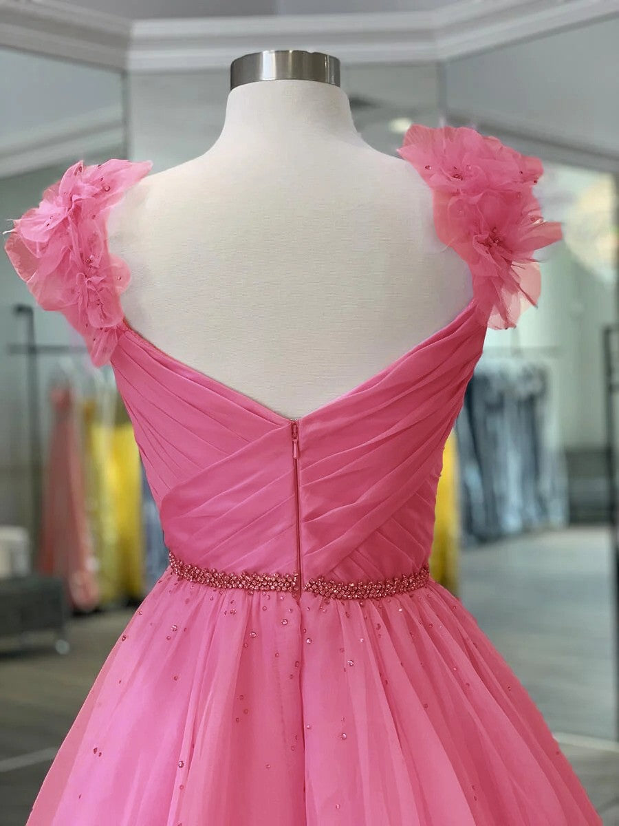 A-Line/Princess Organza Ruffles V-neck Sleeveless Sweep/Brush Train Prom Dress