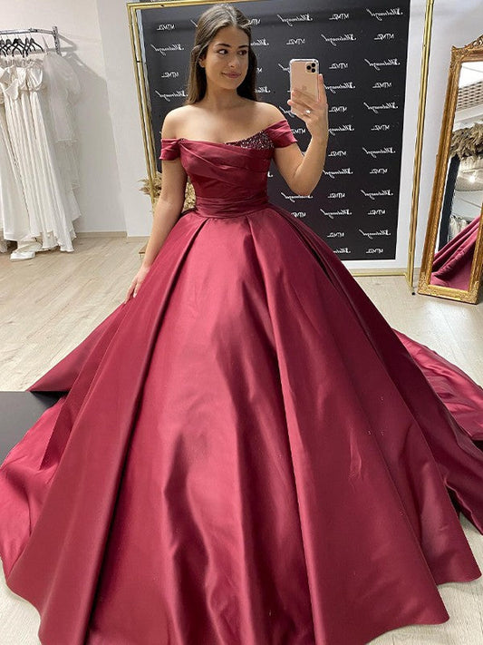 Ball Gown Satin Ruffles Off-the-Shoulder Sleeveless Sweep/Brush Train Prom Dress