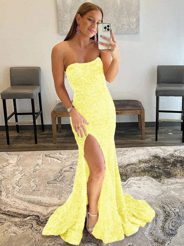 Sheath/Column Velvet Sequins Ruffles Strapless Sleeveless Sweep/Brush Train Prom Dress