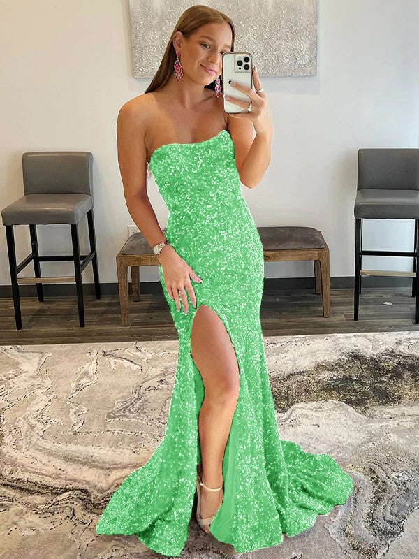 Sheath/Column Velvet Sequins Ruffles Strapless Sleeveless Sweep/Brush Train Prom Dress