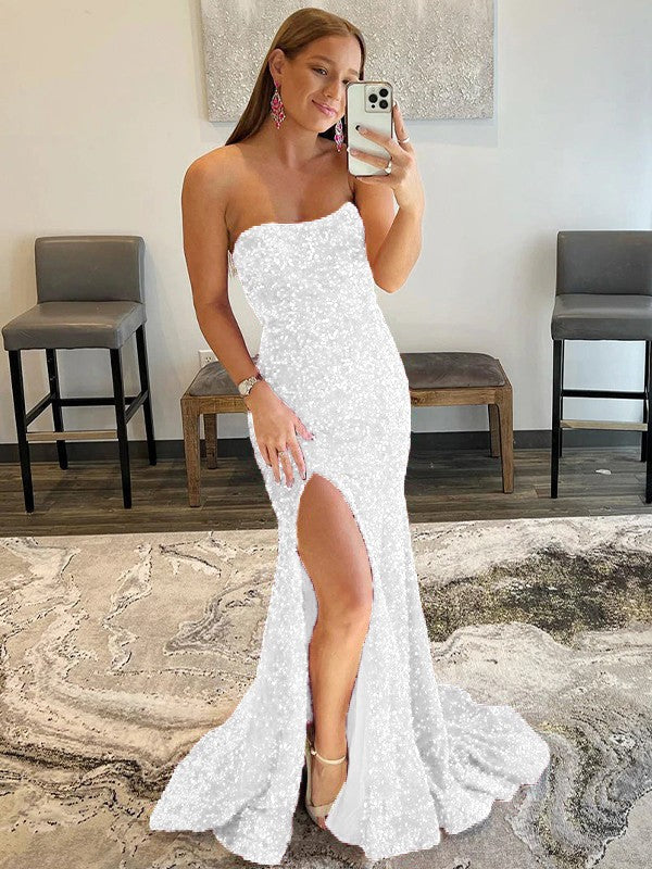 Sheath/Column Velvet Sequins Ruffles Strapless Sleeveless Sweep/Brush Train Prom Dress