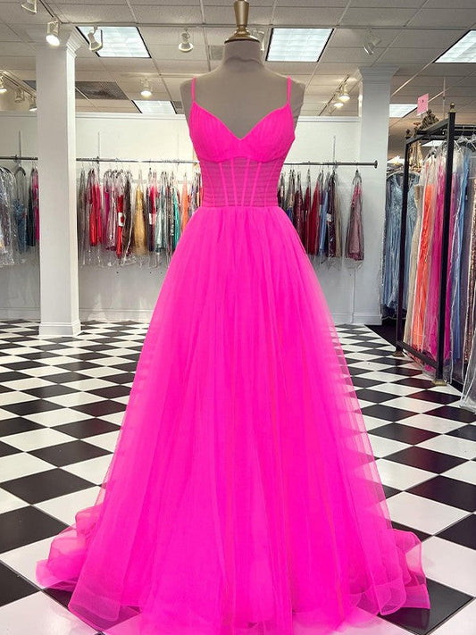 A-Line/Princess Tulle Ruffles V-neck Sleeveless Sweep/Brush Train Prom Dress