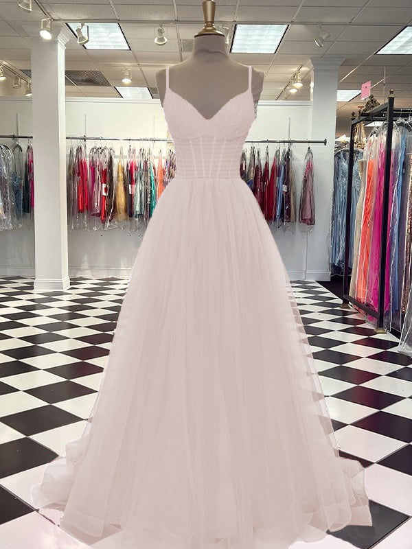 A-Line/Princess Tulle Ruffles V-neck Sleeveless Sweep/Brush Train Prom Dress