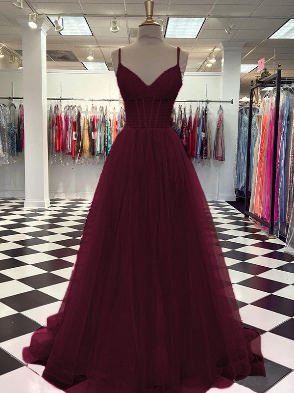 A-Line/Princess Tulle Ruffles V-neck Sleeveless Sweep/Brush Train Prom Dress