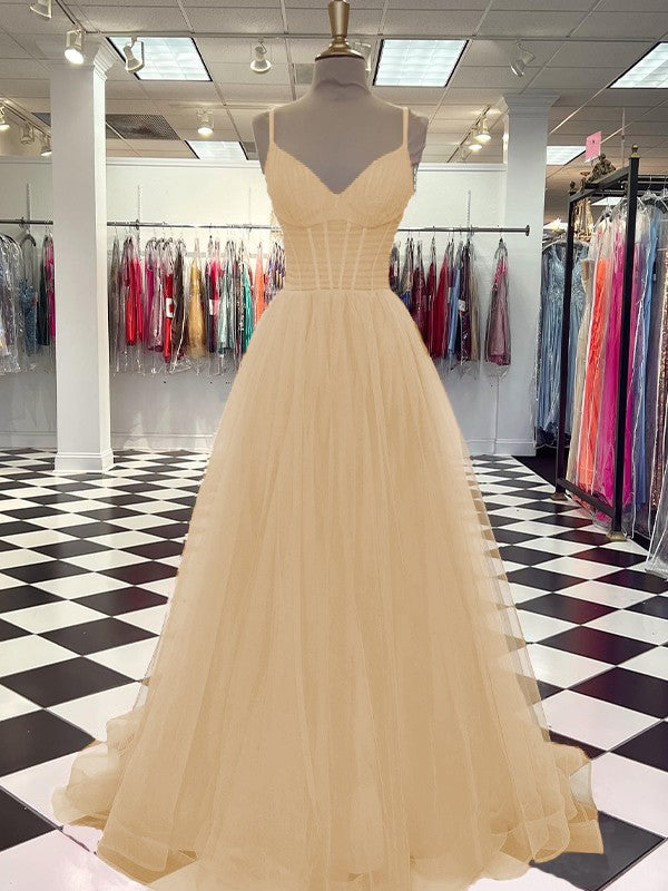 A-Line/Princess Tulle Ruffles V-neck Sleeveless Sweep/Brush Train Prom Dress