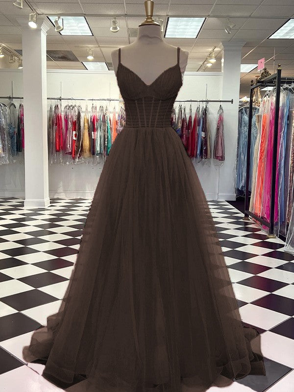 A-Line/Princess Tulle Ruffles V-neck Sleeveless Sweep/Brush Train Prom Dress