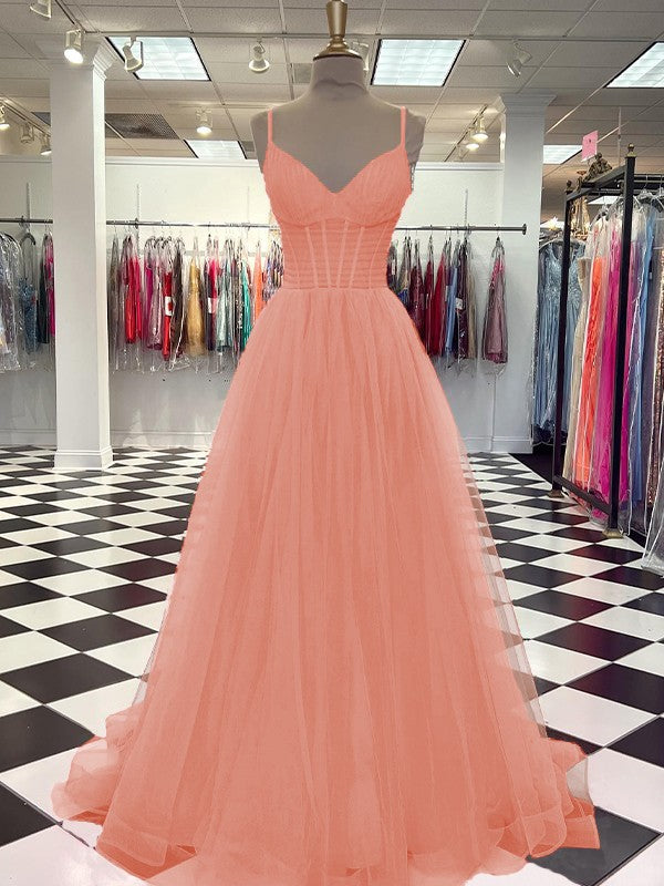 A-Line/Princess Tulle Ruffles V-neck Sleeveless Sweep/Brush Train Prom Dress