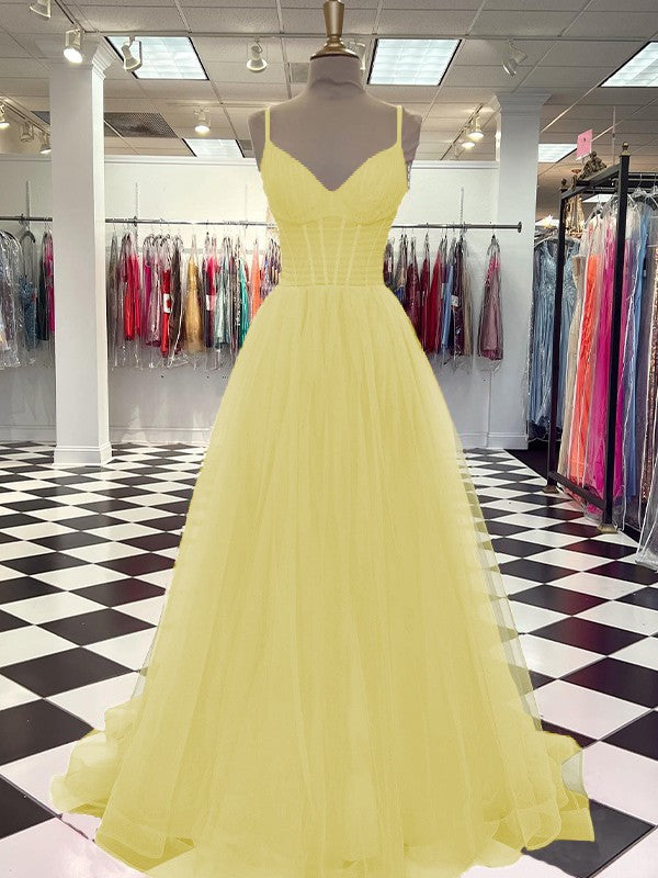 A-Line/Princess Tulle Ruffles V-neck Sleeveless Sweep/Brush Train Prom Dress