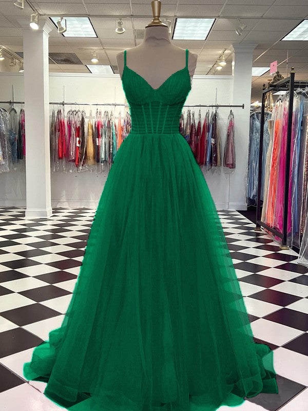 A-Line/Princess Tulle Ruffles V-neck Sleeveless Sweep/Brush Train Prom Dress