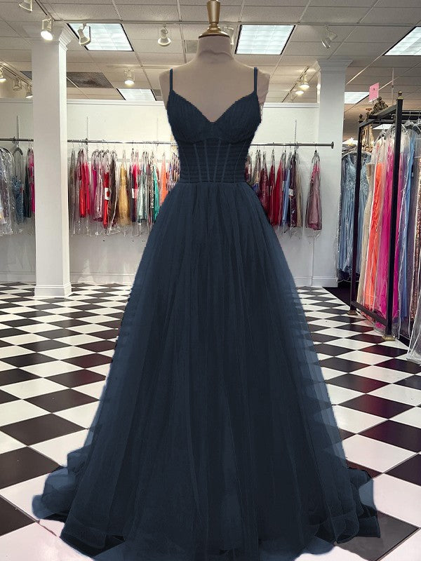 A-Line/Princess Tulle Ruffles V-neck Sleeveless Sweep/Brush Train Prom Dress