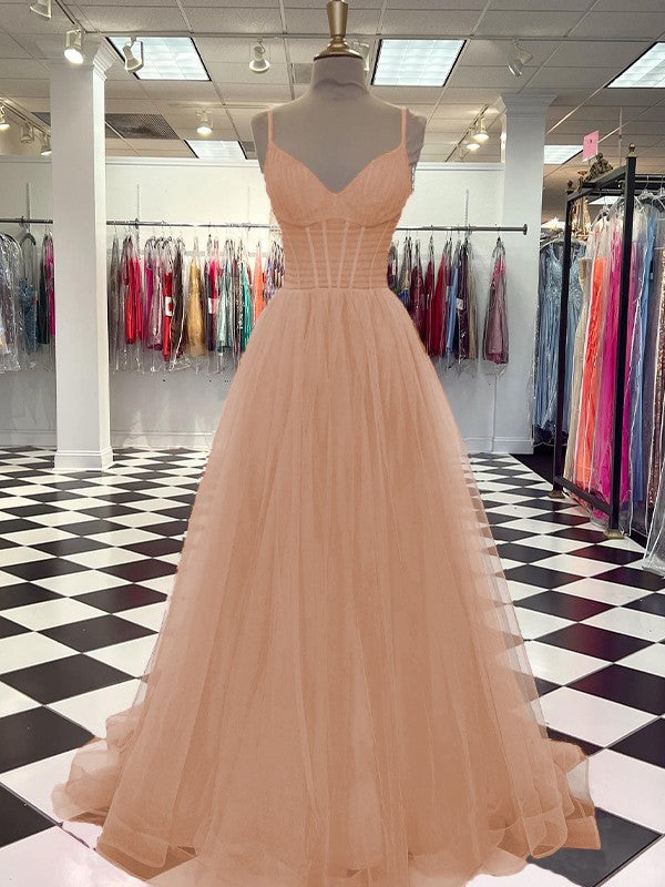 A-Line/Princess Tulle Ruffles V-neck Sleeveless Sweep/Brush Train Prom Dress