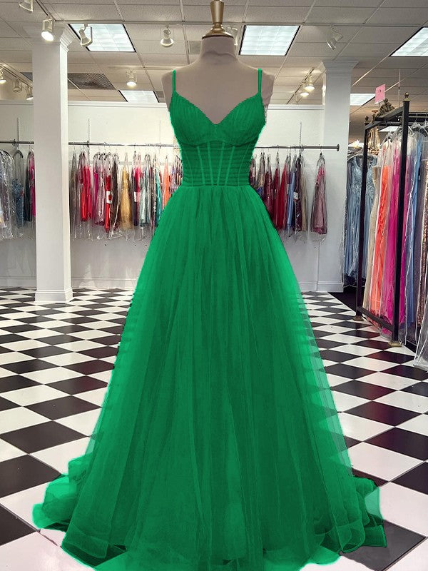 A-Line/Princess Tulle Ruffles V-neck Sleeveless Sweep/Brush Train Prom Dress