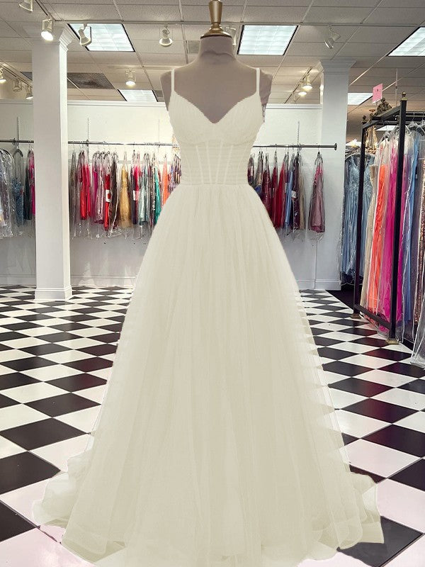 A-Line/Princess Tulle Ruffles V-neck Sleeveless Sweep/Brush Train Prom Dress