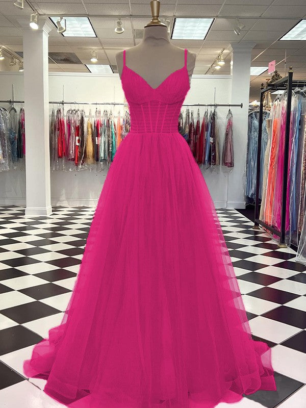 A-Line/Princess Tulle Ruffles V-neck Sleeveless Sweep/Brush Train Prom Dress
