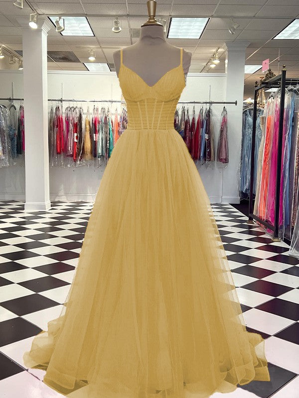 A-Line/Princess Tulle Ruffles V-neck Sleeveless Sweep/Brush Train Prom Dress