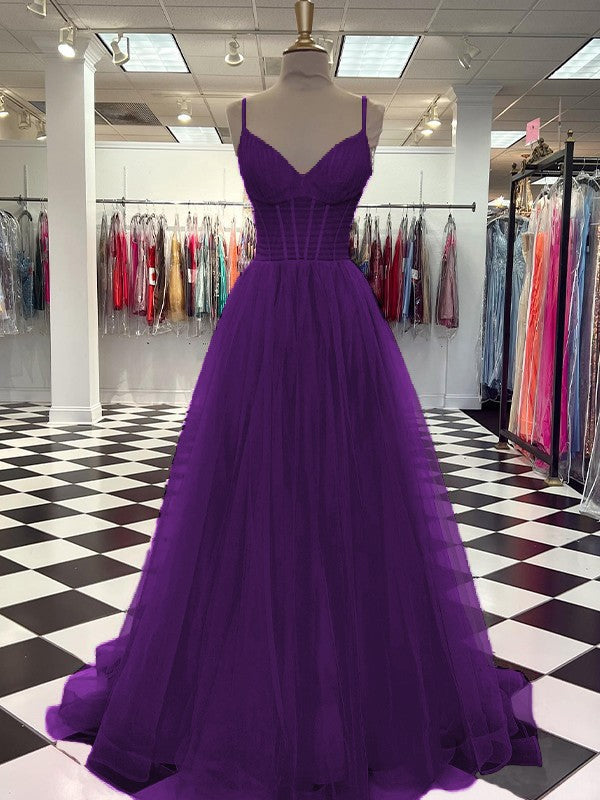 A-Line/Princess Tulle Ruffles V-neck Sleeveless Sweep/Brush Train Prom Dress