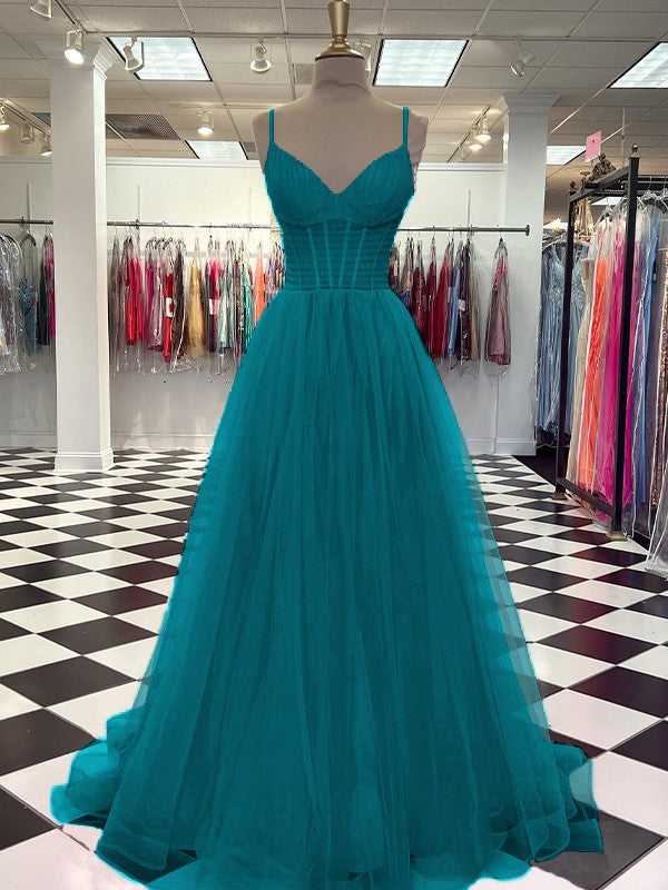 A-Line/Princess Tulle Ruffles V-neck Sleeveless Sweep/Brush Train Prom Dress
