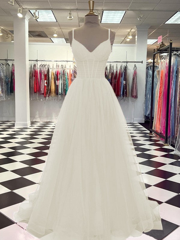 A-Line/Princess Tulle Ruffles V-neck Sleeveless Sweep/Brush Train Prom Dress
