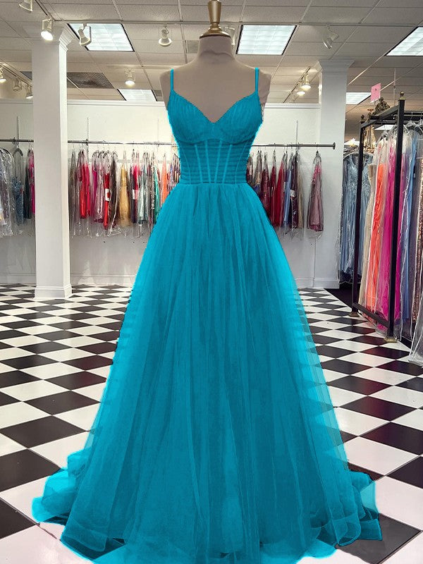 A-Line/Princess Tulle Ruffles V-neck Sleeveless Sweep/Brush Train Prom Dress