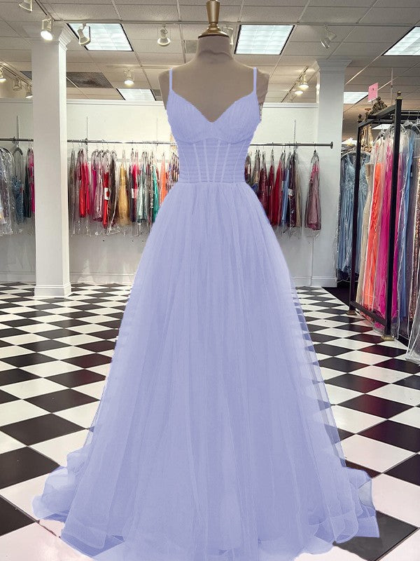 A-Line/Princess Tulle Ruffles V-neck Sleeveless Sweep/Brush Train Prom Dress